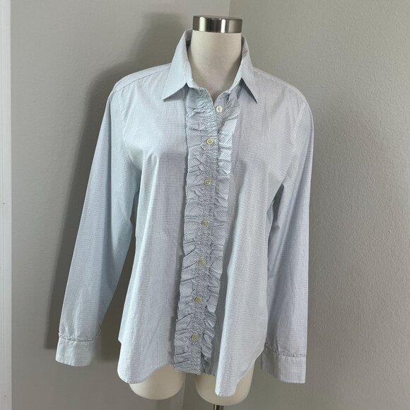 Banana Republic Womens XL Micro Check Button Up Dress Shirt Ruffle Front Blouse - Picture 1 of 10